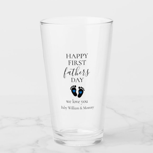 First Father's Day – Baby Footprints & Blue Hearts Glass (Front)