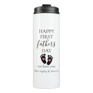 First Father's Day – Baby Footprints & Pink Hearts Thermal Tumbler
