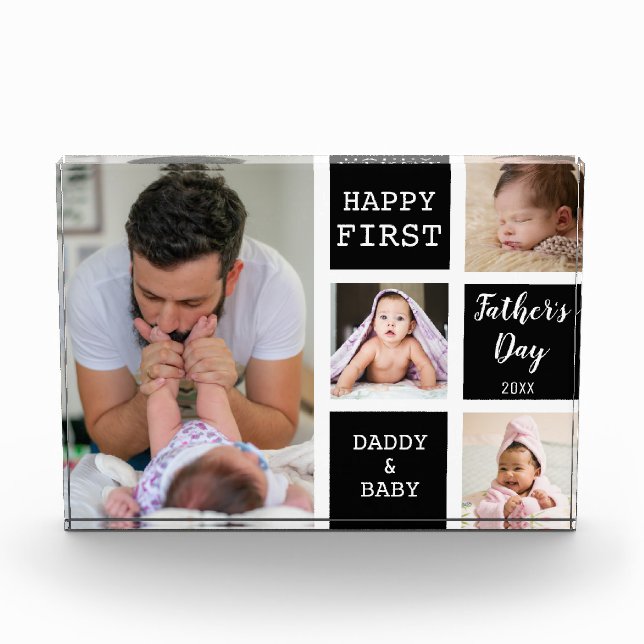 First Father's Day Black 4 Photo Collage Block (Front)