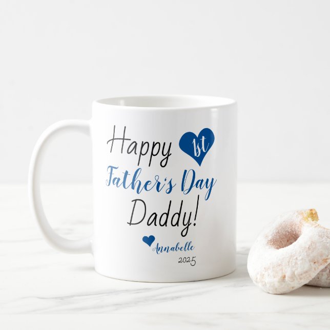 First Father's Day Blue Heart Baby Boy Daughter Coffee Mug (With Donut)