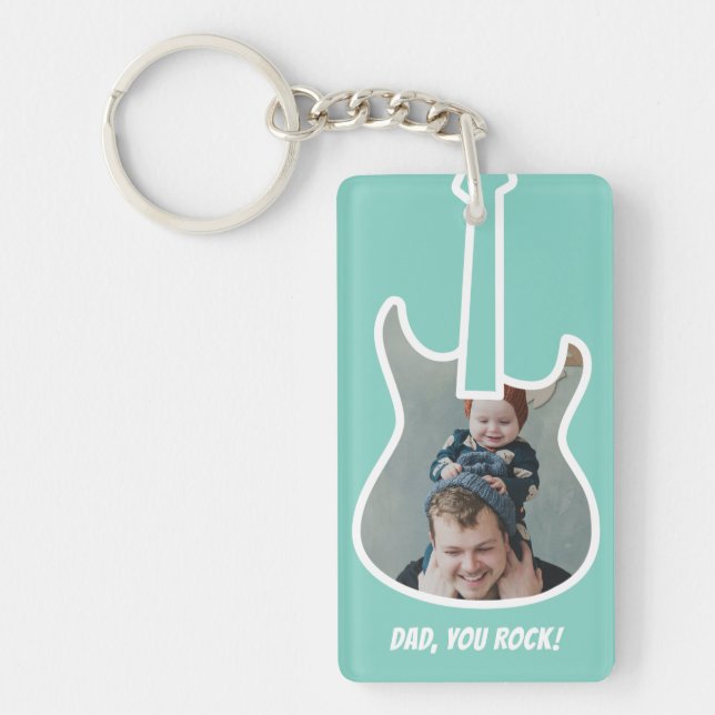 First Father's Day Custom Photo Cool Guitar Dad Key Ring (Front)