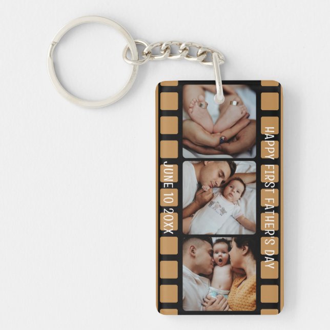 First Father's Day Film Strip Photo Grid New Dad Key Ring (Front)