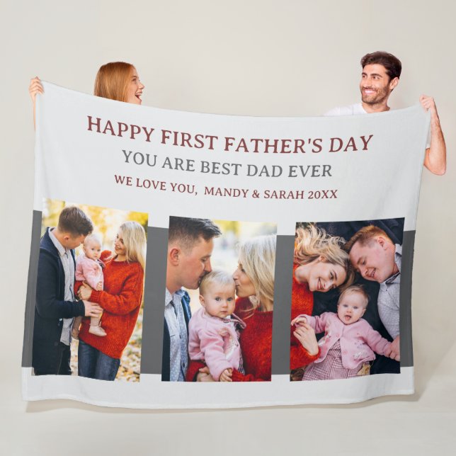 First Fathers Day Grey 3 Photos & Custom Message  Fleece Blanket (In Situ)