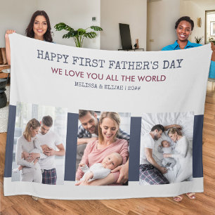 First Fathers Day Grey and Blue 3 Photo Fleece Blanket
