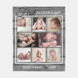 First Father's Day Grey Wood 8 Photo Collage Fleece Blanket