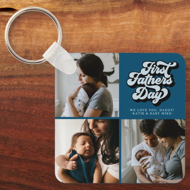 First Fathers Day Groovy Retro Three Photo | Blue Key Ring (Front)