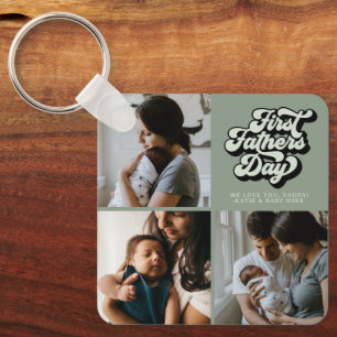 First Fathers Day Groovy Retro Three Photo   Sage Key Ring