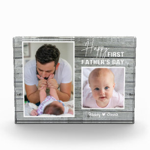 First Father's Day New Dad 2 Photo Grey Wood Pla Block