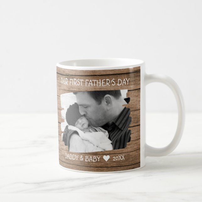 First Fathers Day New Dad Baby Photo Rustic Wood Coffee Mug (Right)