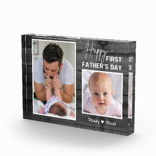 First Father's Day New Dad Black Wood 2 Photo Block