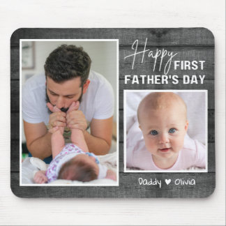 First Father's Day New Dad Black Wood 2 Photo Mouse Pad