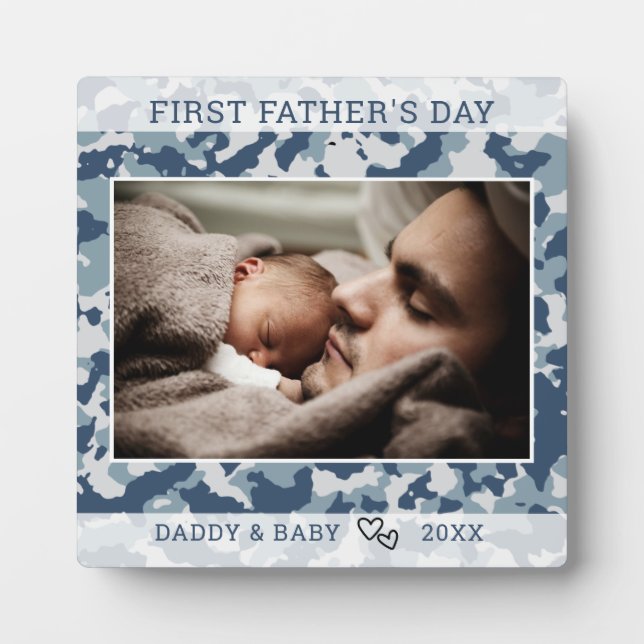 First Father's Day Photo Blue Camo Plaque (Front)