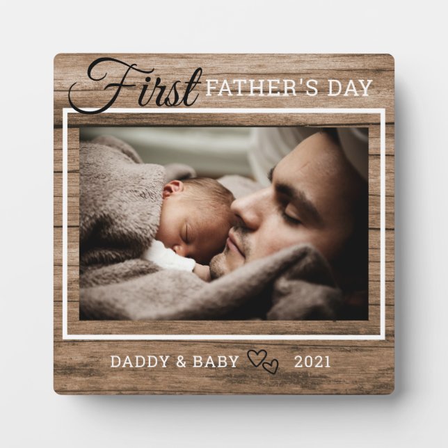 First Father's Day Photo Rustic Wood Plaque (Front)