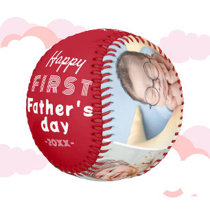 First Father's Day Red 4 Photo Collage Baseball