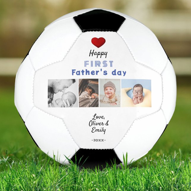 First Father's Day Red Heart 4 Photo Collage  Soccer Ball (Creator Uploaded)