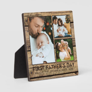 FIRST FATHERS DAY Rustic Wood 3 Photo Collage Plaque