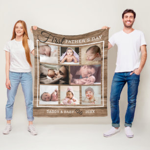 First Father's Day Rustic Wood 8 Photo Collage  Fleece Blanket