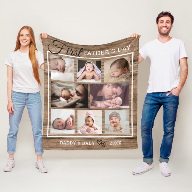 First Father's Day Rustic Wood 8 Photo Collage  Fleece Blanket (In Situ)