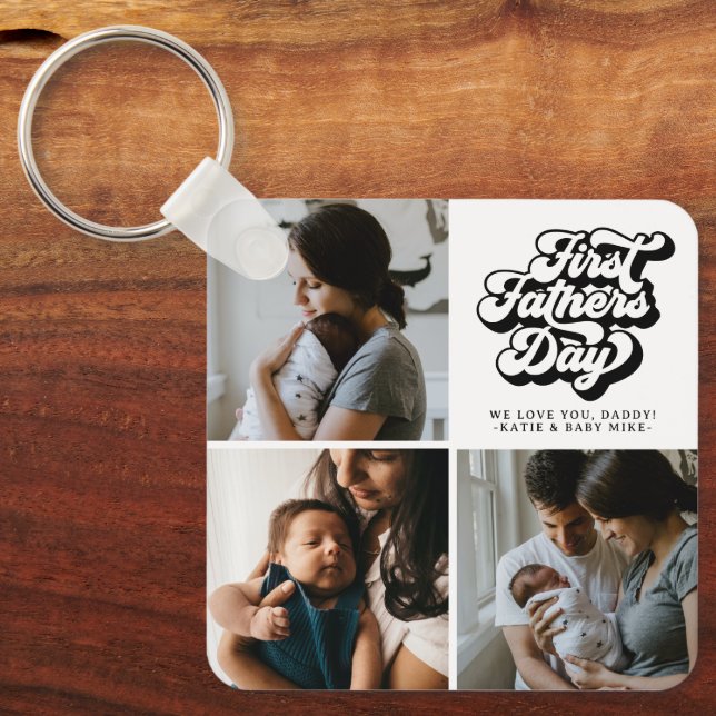 First Fathers Day Simple Groovy Retro Three Photo Key Ring (Front)