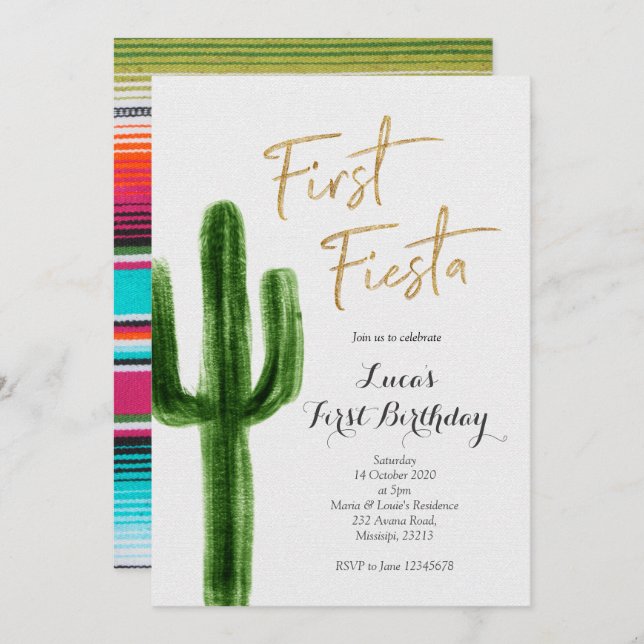 First Fiesta Cactus Birthday Invitation (Front/Back)