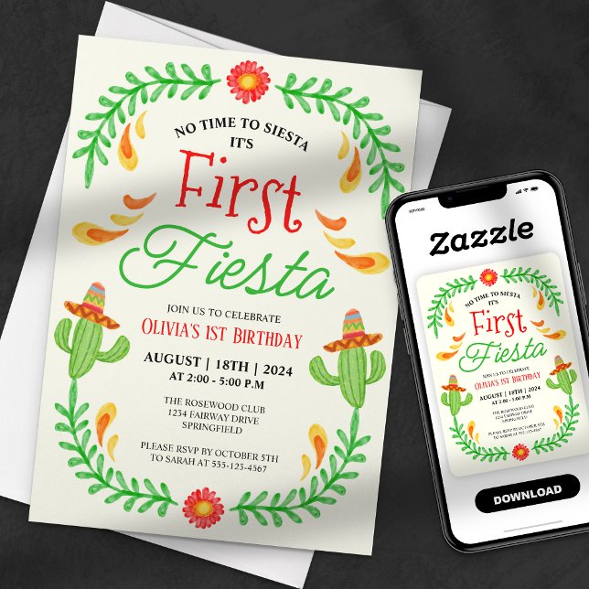 First Fiesta - Cute Cactus Girl 1st Birthday Invitation (Creator Uploaded)