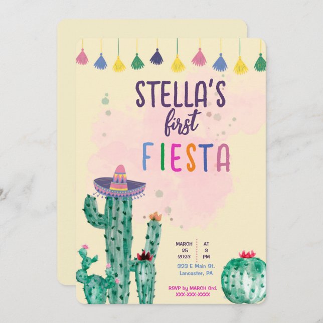 first FIESTA  first birthday invitation (Front/Back)