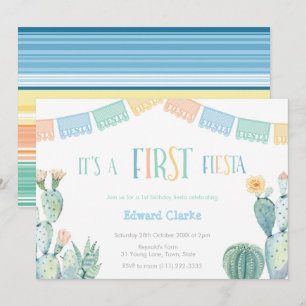 First Fiesta Yellow Blue Cactus 1st Birthday Party Invitation