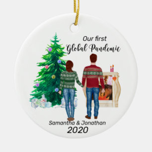 First Global Pandemic 2020 Couple Brown Hair Ceramic Ornament