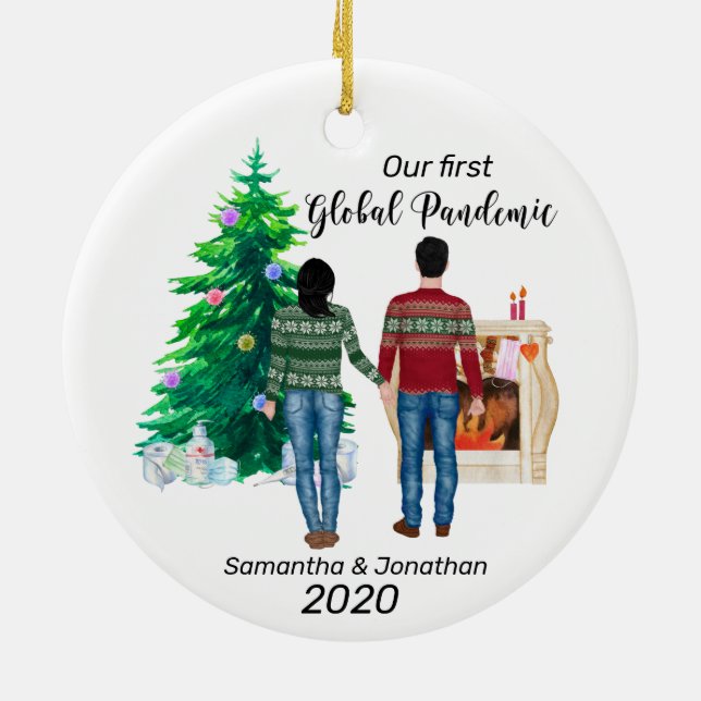 First Global Pandemic  Couple Black Hair Ceramic Ornament (Back)