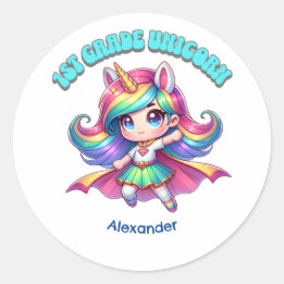 First grade back to school unicorn grade one team classic round sticker