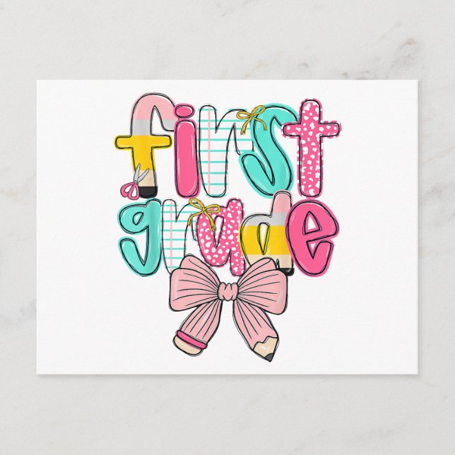 First Grade Coquette Bow Back To School First Day  Enclosure Card (Front)