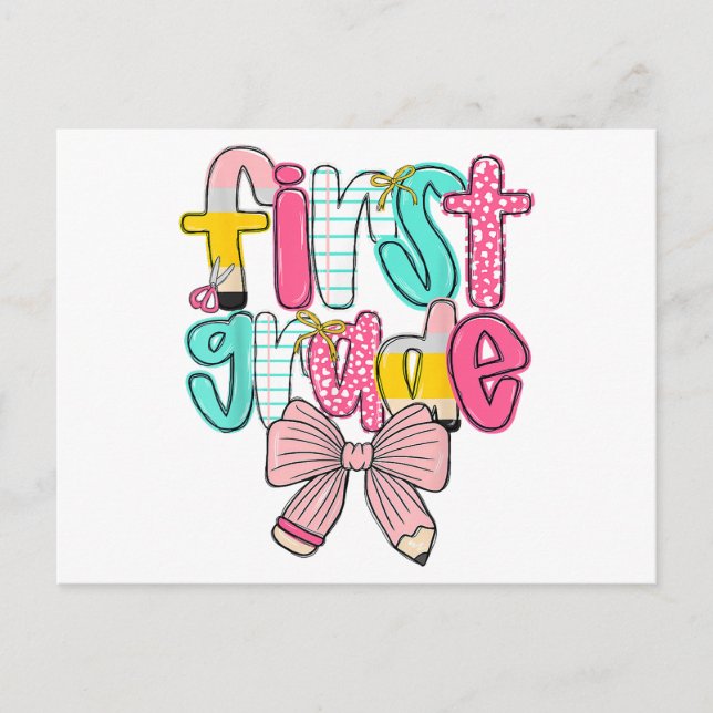 First Grade Coquette Bow Back To School First Day  Postcard (Front)