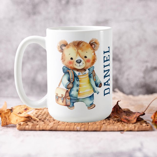 First grade cute teddy bear in a jacket school bag coffee mug (Hello first grade cute teddy bear in a jacket and school bag personalized name mug gifts for boys)