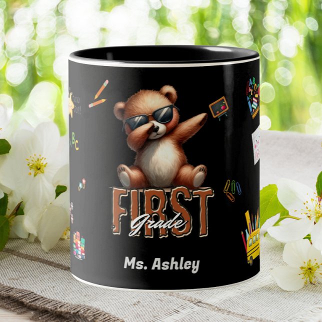 First Grade Elementary Teacher Dabbing Bear Two-Tone Coffee Mug (Creator Uploaded)