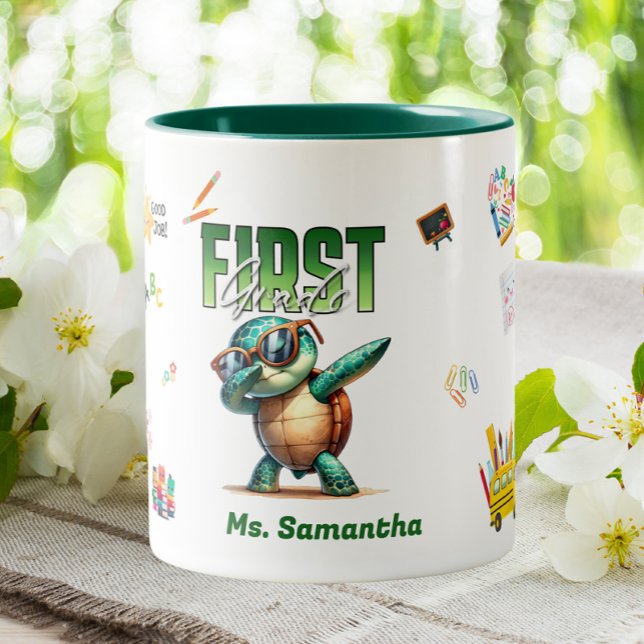 First Grade Elementary Teacher Dabbing Turtle Two-Tone Coffee Mug (Creator Uploaded)