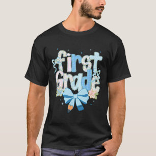 First Grade Girls Back To School Blue Coquette Bow T-Shirt