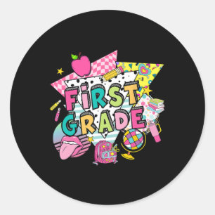 First Grade Girls Back To School Pastel Cute Retro Classic Round Sticker