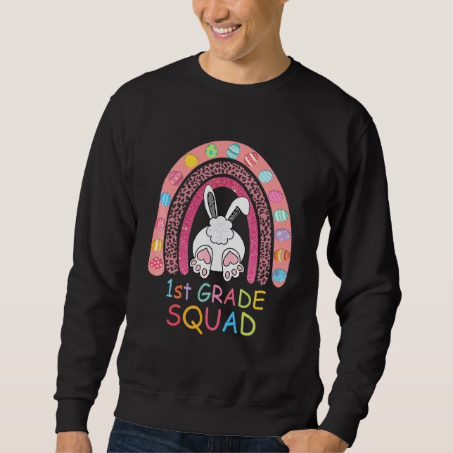 First Grade Rainbow Bunny Boy Girl Teacher Squad E Sweatshirt (Front)
