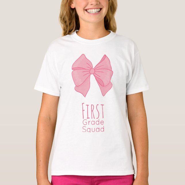 First Grade Squad Pink Bow Girl's T-Shirt (Front)