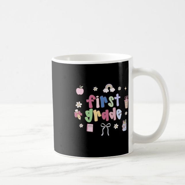 First Grade Teacher Doodle Coquette Bow Apple Back Coffee Mug (Right)