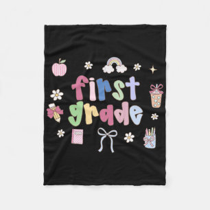 First Grade Teacher Doodle Coquette Bow Apple Back Fleece Blanket