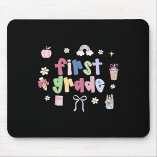 First Grade Teacher Doodle Coquette Bow Apple Back Mouse Pad