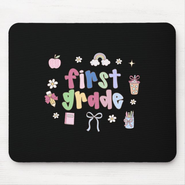 First Grade Teacher Doodle Coquette Bow Apple Back Mouse Pad (Front)