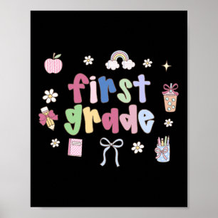 First Grade Teacher Doodle Coquette Bow Apple Back Poster