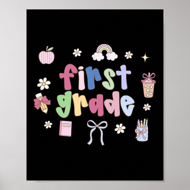 First Grade Teacher Doodle Coquette Bow Apple Back Poster (Front)