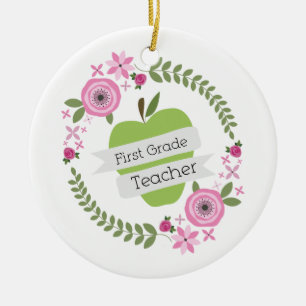 First Grade Teacher Green Apple Floral Wreath Ceramic Ornament
