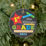 First Grade Teacher Keepsake Chalkboard Colourful Ceramic Ornament<br><div class="desc">This first (1st) grade ornament features a star, a ruler, a pencil, crayons and bold, colourful fun typography! Click the customise button for more options for modifying the text! Variations of this design, additional colours, as well as coordinating products are available in our shop, zazzle.com/store/doodlelulu. Contact us if you need...</div>