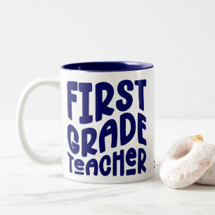 First Grade Teacher Navy Blue Text  Two-Tone Coffee Mug