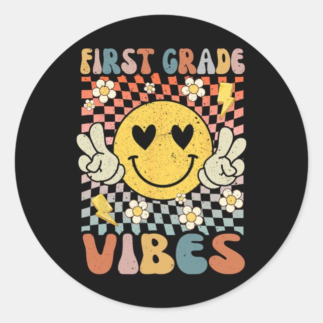 First Grade Vibes 1st Grade Retro Teacher 1st Day  Classic Round Sticker (Front)