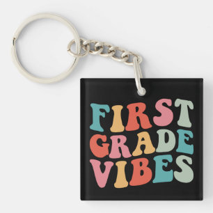First Grade Vibes Retro Groovy Teacher Student Key Ring